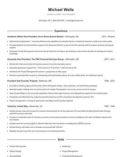 Academic Affairs Vice President Resume