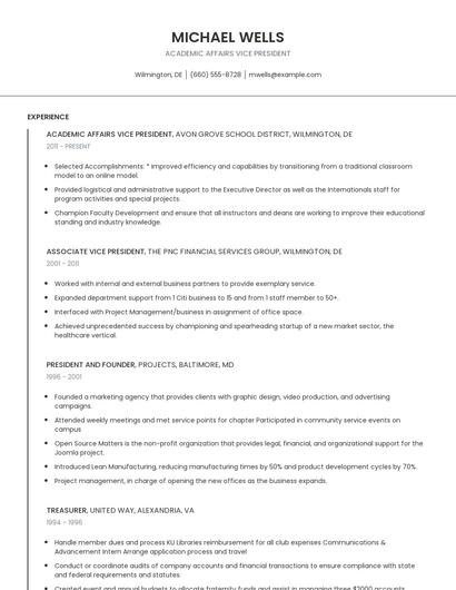 Academic Affairs Vice President Resume