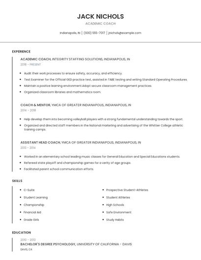 Academic Coach Resume