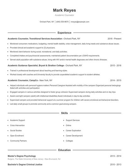 Academic Counselor Resume