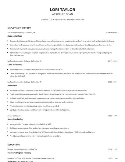 Academic Dean Resume