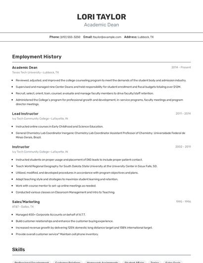 Academic Dean Resume