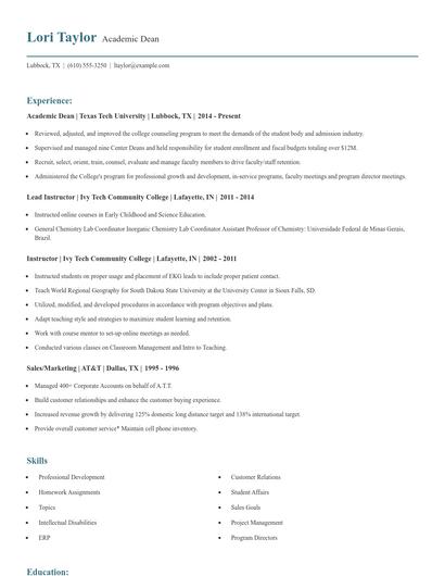 Academic Dean Resume