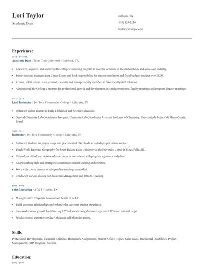 Academic Dean Resume