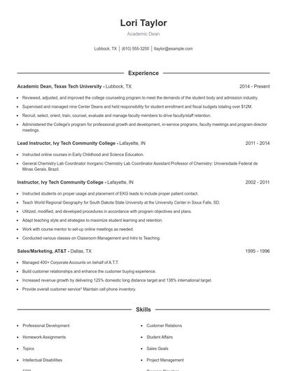 Academic Dean Resume