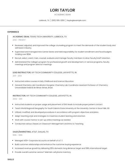 Academic Dean Resume
