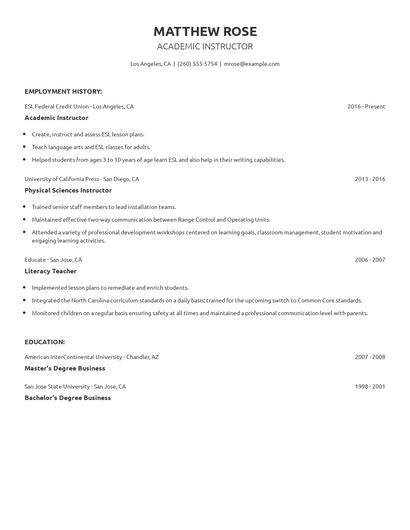 Academic Instructor Resume