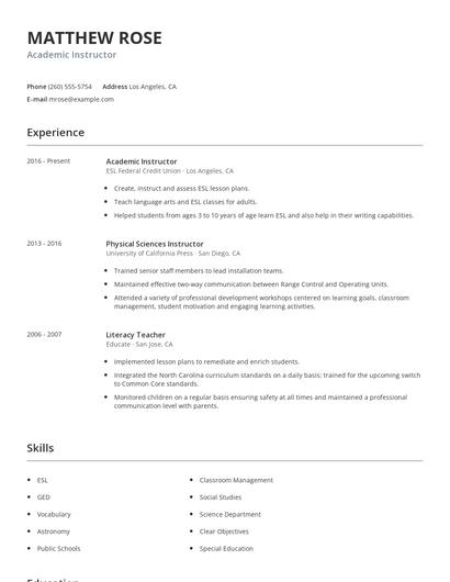 Academic Instructor Resume