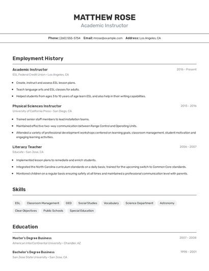 Academic Instructor Resume