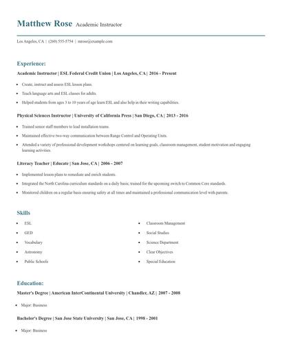 Academic Instructor Resume
