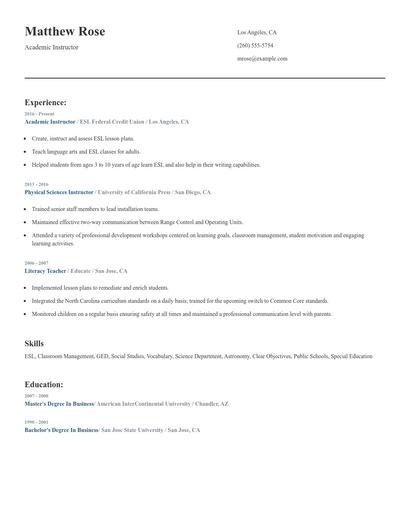 Academic Instructor Resume