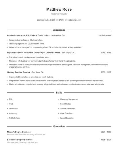 Academic Instructor Resume