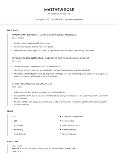 Academic Instructor Resume