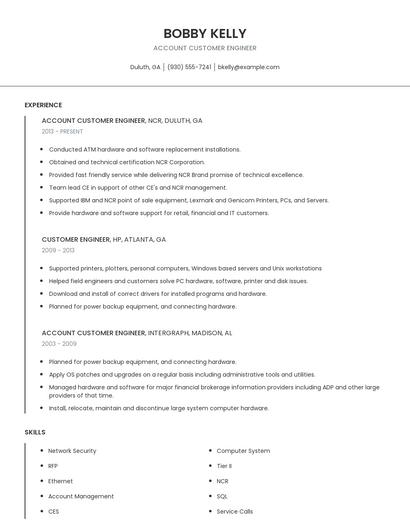 Account Customer Engineer Resume