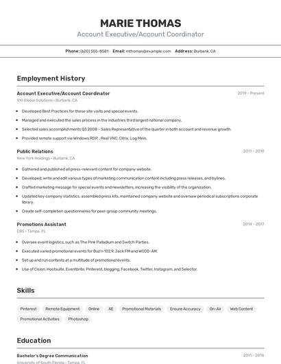 Account Executive/Account Coordinator Resume