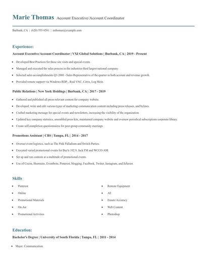 Account Executive/Account Coordinator Resume