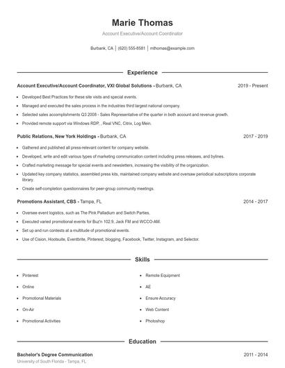Account Executive/Account Coordinator Resume