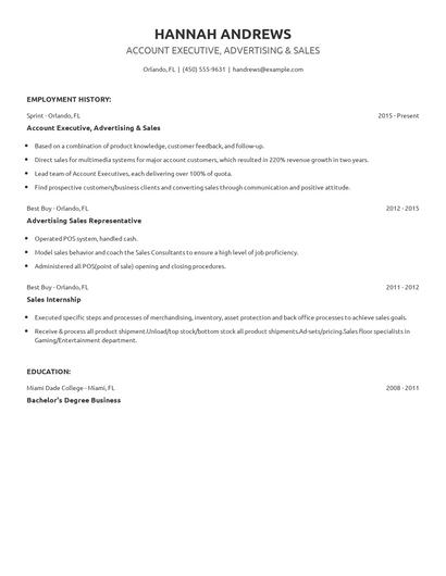 Account Executive, Advertising & Sales Resume