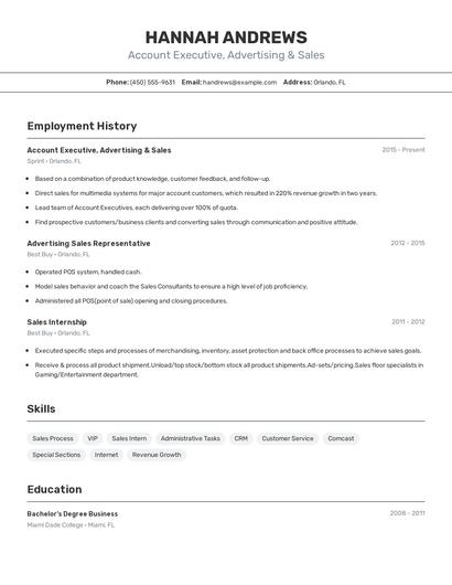 Account Executive, Advertising & Sales Resume