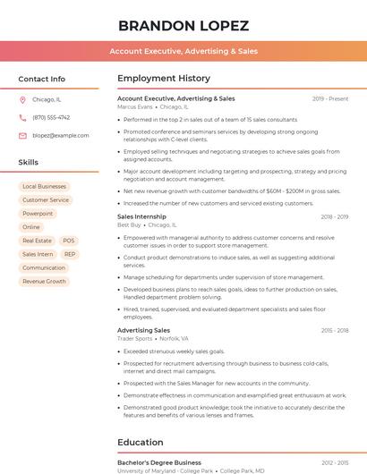 Account Executive, Advertising & Sales Resume