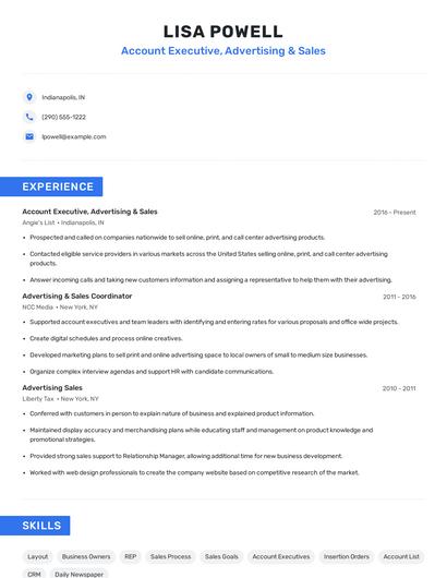Account Executive, Advertising & Sales Resume