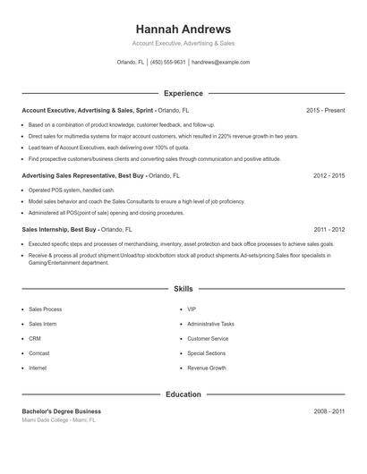 Account Executive, Advertising & Sales Resume