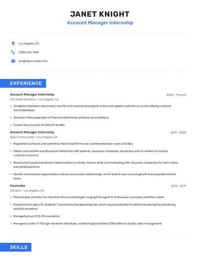 Account Manager Internship Resume