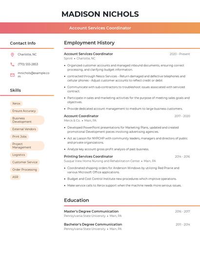 Account Services Coordinator Resume