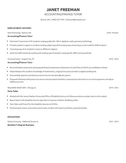 Accounting/Finance Tutor Resume
