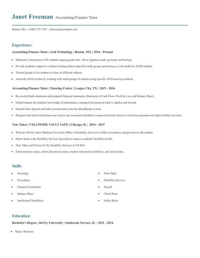 Accounting/Finance Tutor Resume