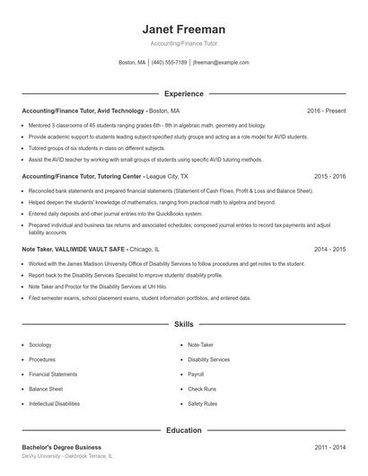 Accounting/Finance Tutor Resume
