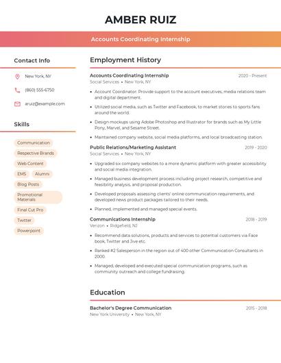 Accounts Coordinating Internship Resume