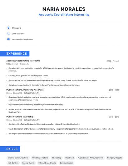 Accounts Coordinating Internship Resume
