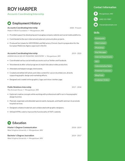 Accounts Coordinating Internship Resume