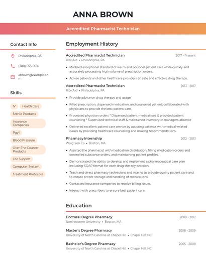 Accredited Pharmacist Technician Resume