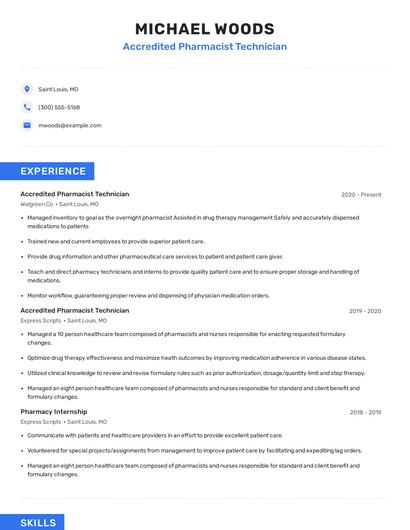 Accredited Pharmacist Technician Resume