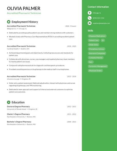 Accredited Pharmacist Technician Resume