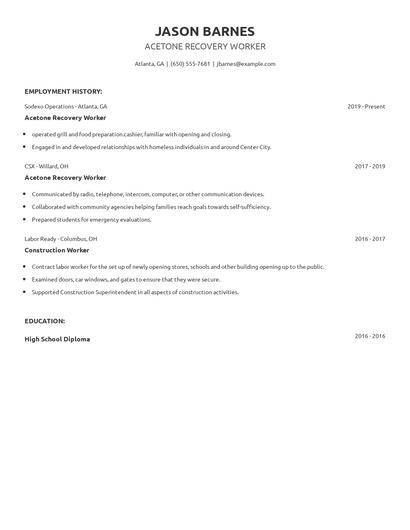 Acetone Recovery Worker Resume