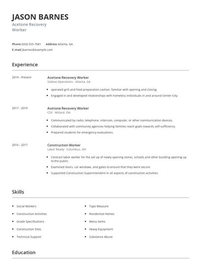 Acetone Recovery Worker Resume