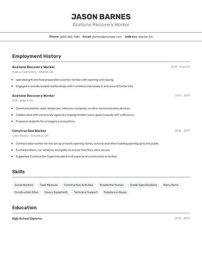 Acetone Recovery Worker Resume