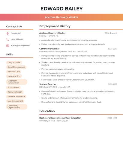 Acetone Recovery Worker Resume