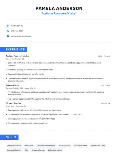 Acetone Recovery Worker Resume