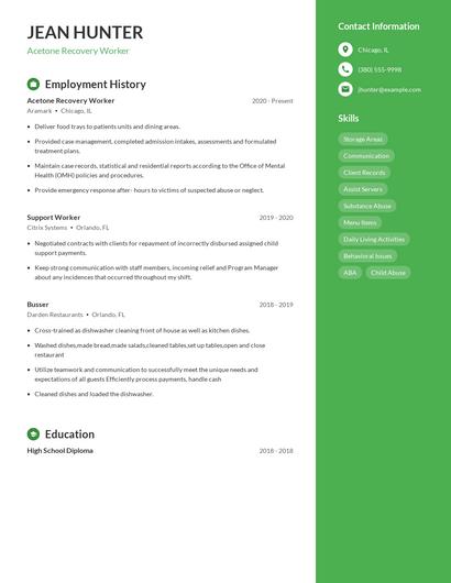 Acetone Recovery Worker Resume
