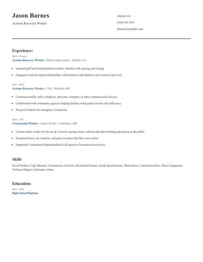 Acetone Recovery Worker Resume
