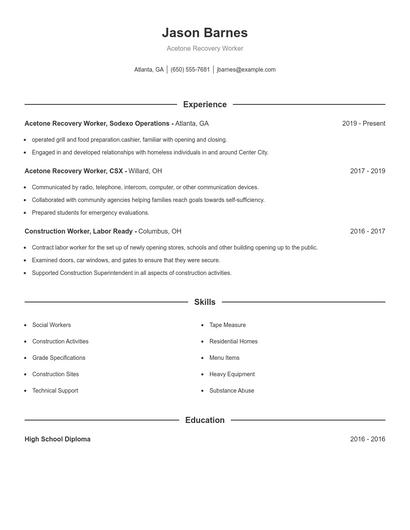 Acetone Recovery Worker Resume