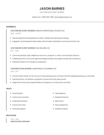 Acetone Recovery Worker Resume