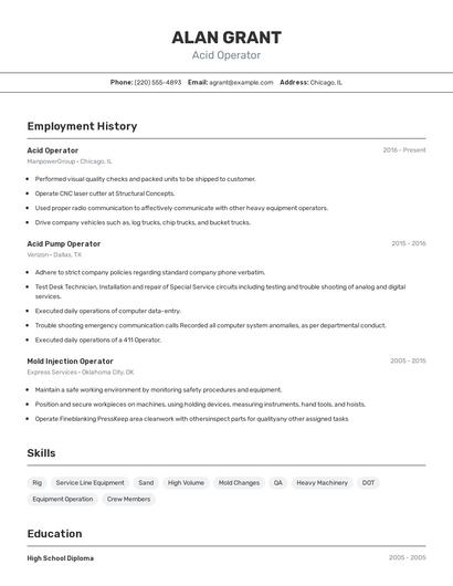 Acid Operator Resume