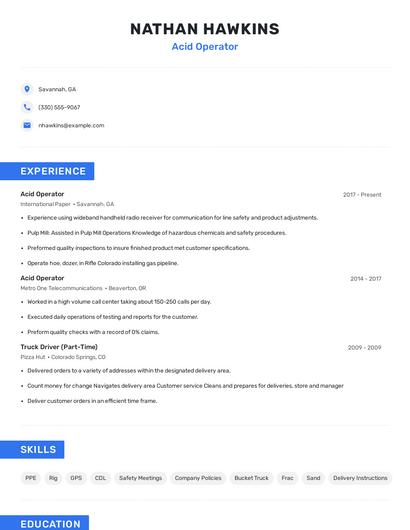 Acid Operator Resume