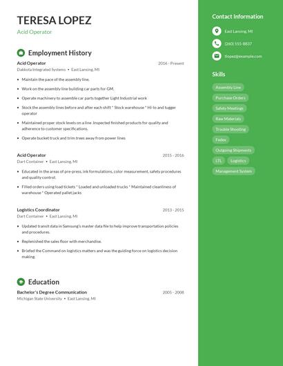 Acid Operator Resume