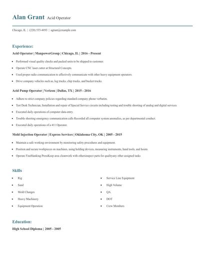 Acid Operator Resume